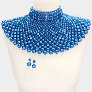 Blue Statement Pearl Collar Necklace with Matching Earrings